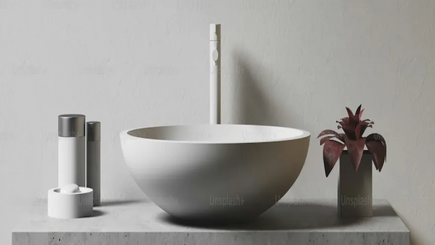 A white bowl-shaped basin and tap on a grey concrete cabinet, between bottles and a plant.