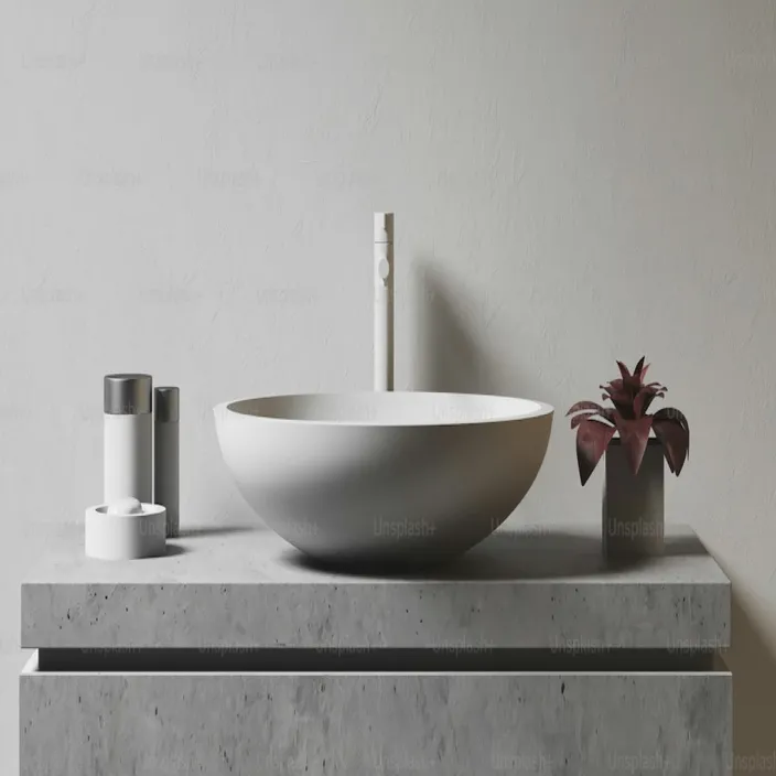 A white bowl-shaped basin and tap on a grey concrete cabinet, between bottles and a plant.