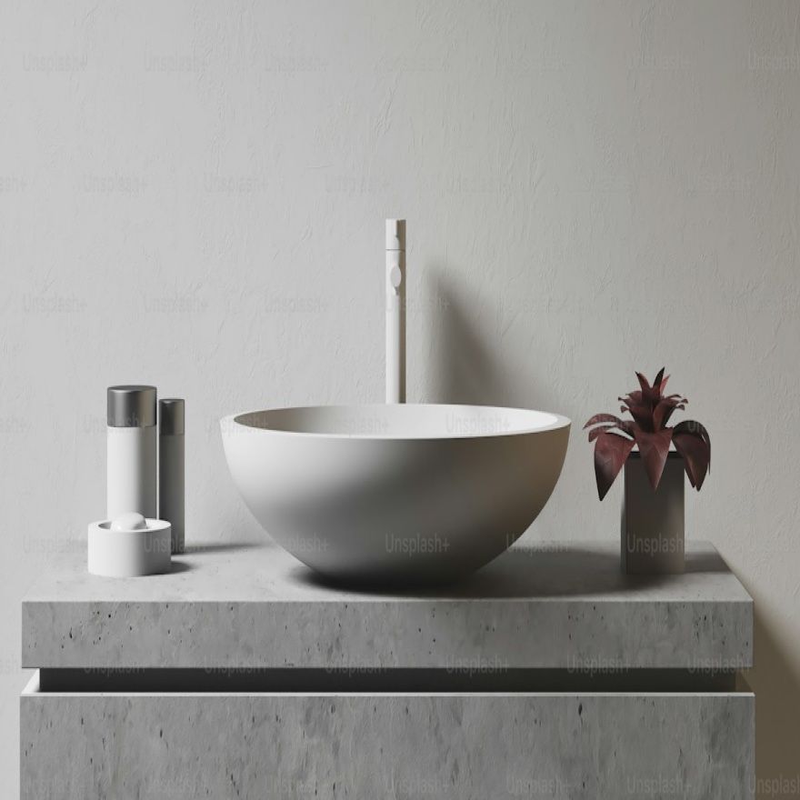 Une vasque blanche en forme de bol et son robinet sur un meuble en béton gris, entre des flacons et une plante.