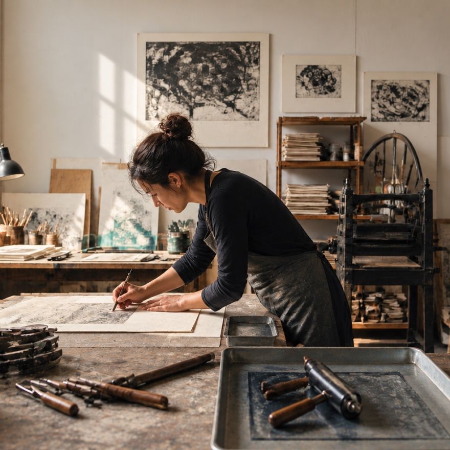 Une artiste penchée sur une feuille dans un atelier de gravure, entre estampes au mur, presse et rouleaux encreurs.