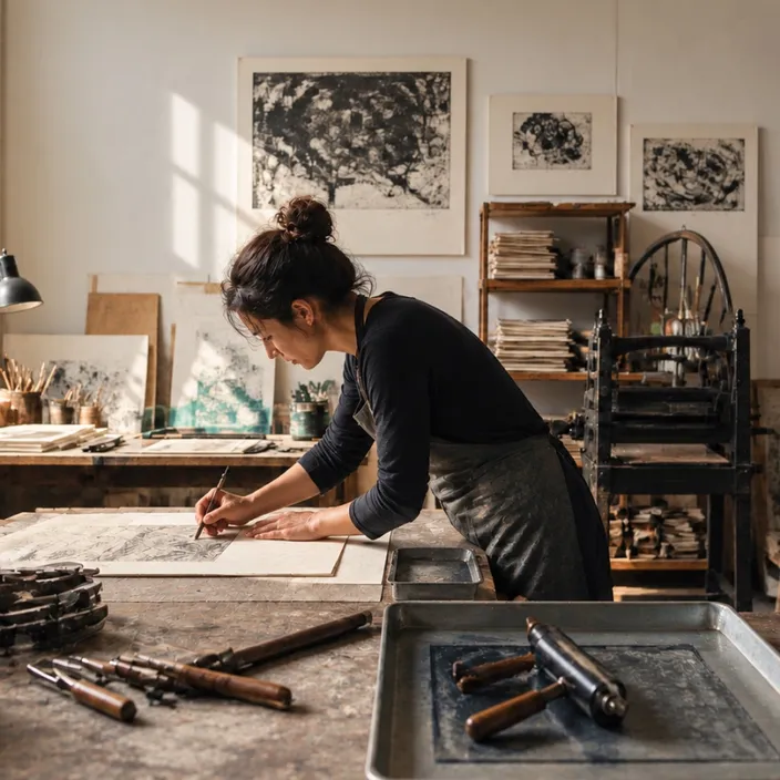 An artist leaning over a sheet in a printmaking studio, surrounded by prints on the wall, a press and ink rollers.