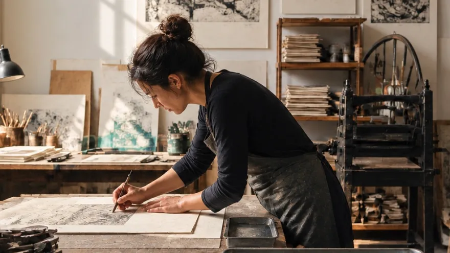 Une artiste penchée sur une feuille dans un atelier de gravure, entre estampes au mur, presse et rouleaux encreurs.